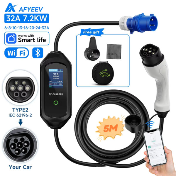 AFYEEV 32A 7.2KW Portable EV Charger Type2 Type1 Electric Vehicle Charger GB/T EVSE Charging Cable Wi-Fi Bluetooth APP Control - Image 7